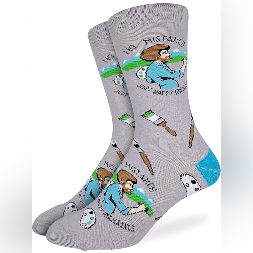 3/10$ 🌷 NWT Bob Ross Good Luck Sock Gray Artistic Crew Socks Men 7-12
